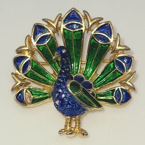 Vintage Trifari Peacock Brooch, Blue Green Goldtoned Enamel